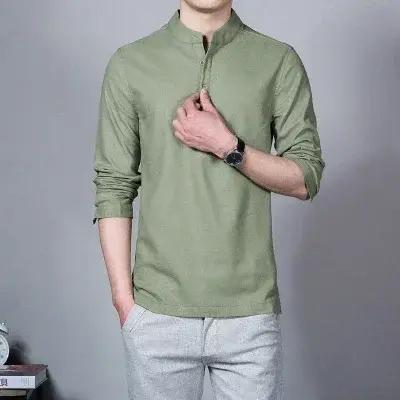 T-shirt en lin à manches longues pour hommes, col montant, chemise de base mince, t-shirts Y et t-sh