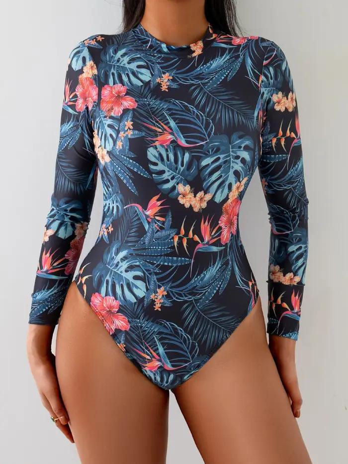 Maillot de bain une pièce à col haut, dos nu, à la mode, manches longues, adapté à la plage et à la