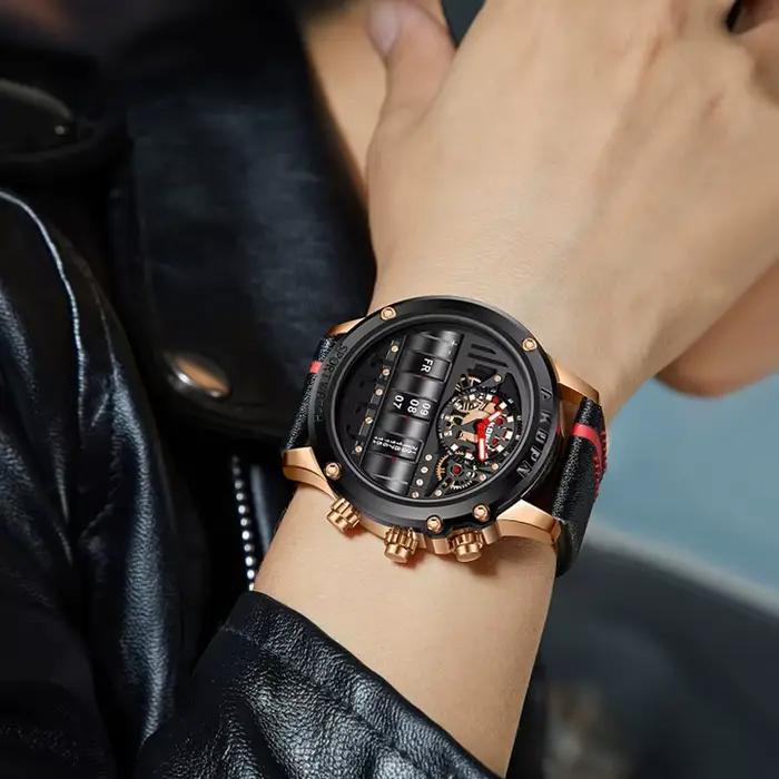 Montre homme quartz luxe cuir - Montre d'affaires créative avec date rotative pour homme