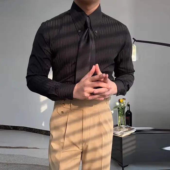 Nouveau Italie hommes d'affaires chemises léger luxe texturé pointe revers rayé à manches longues Cardigan loisirs haute qualité Blouse M-2XL
