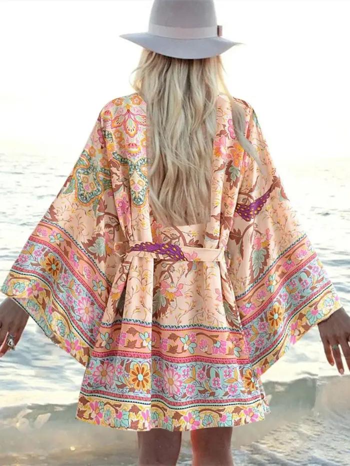 Kimono femme vintage imprimé paon floral manches chauve-souris couverture maillot boho plage