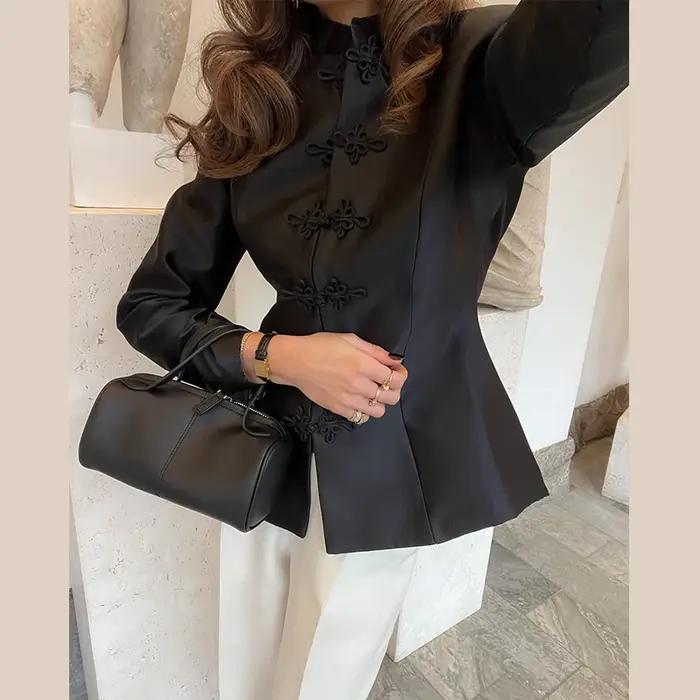 Veste en satin élégante hfwomenfz pour femme avec col montant chinois coupe ajustée printemps automne occassions spéciales