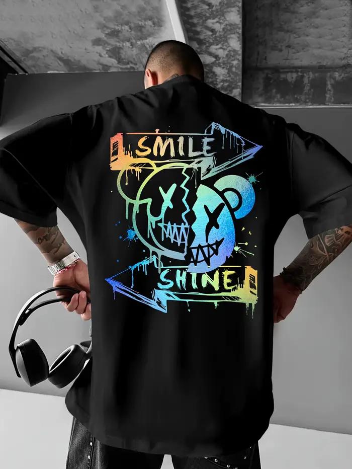 T-shirt pour homme en coton 100% avec imprimé graphique d'ours cassé Smile Shine