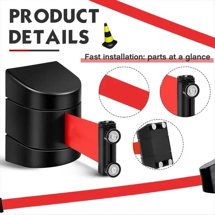 Barrière murale rétractable magnétique de 16 pieds pour événements et gestion de foules en métal, ABS, avec sangles flexibles et message d'avertissement pour sécurité et visibilité