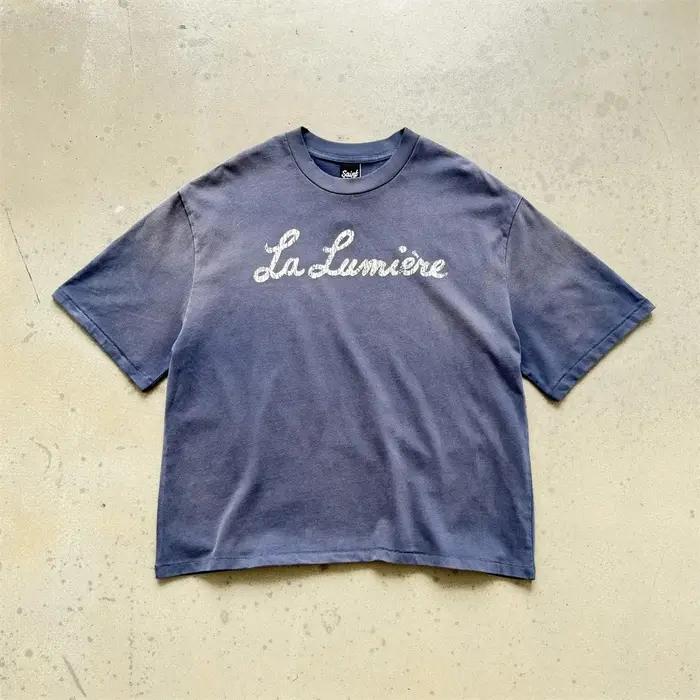 T-shirt en tissu imprimé Saint La Lumière vintage 2026 pour hommes et femmes, tee-shirt bleu délavé en coton
