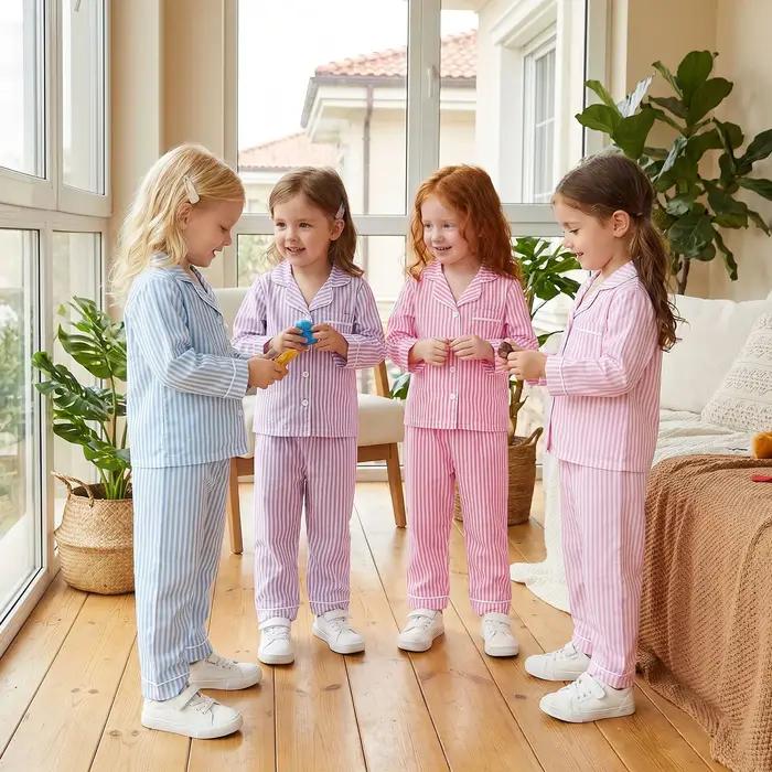 Vêtements pour enfants, ensembles de pyjama pour filles et garçons, chemises à manches longues rayées à boutons, hauts et pantalons, vêtements de nuit, tenues décontractées