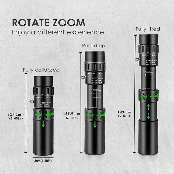 Monoculaire professionnel zoom 10-300x40 HD 4K - Pour observation longue distance, chasse et camping