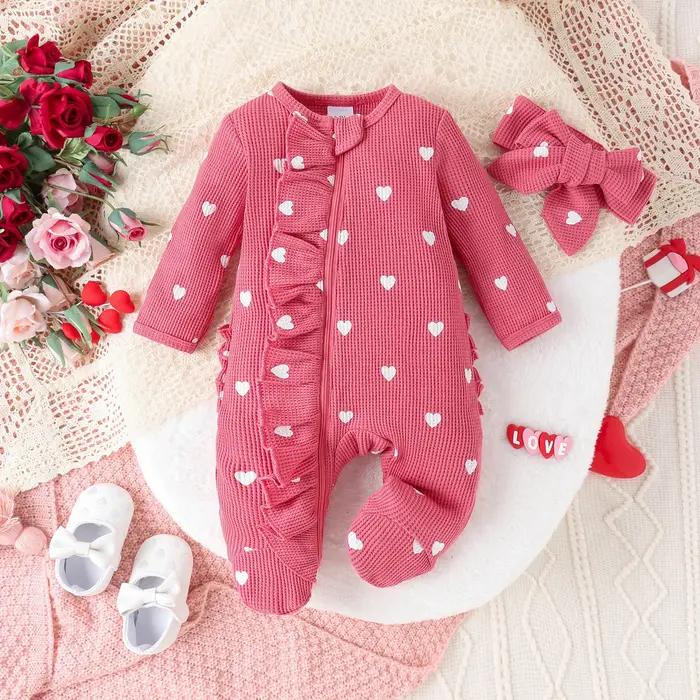 2 pièces automne de 0 à juin nouveau-né bébé confortable mignon col rond gaufré coeur fermeture écla