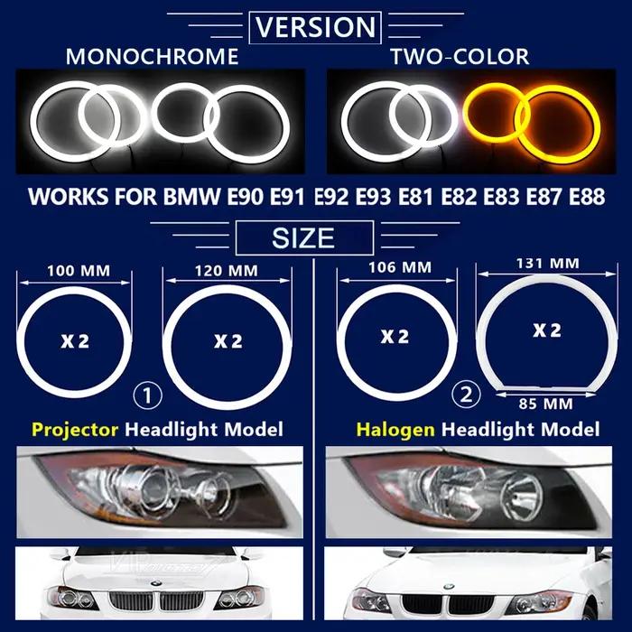 Lampes en forme d'yeux d'ange pour BMW, 2 x(131MM + 106MM) LED double couleur, anneaux en coton, SMD