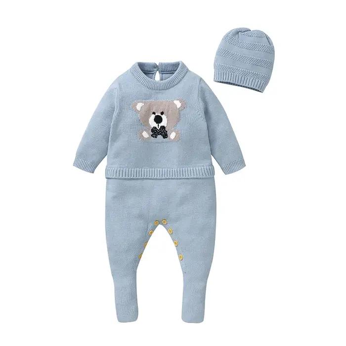0-18m bébé barboteuses chapeaux ensembles printemps automne hiver bleu à manches longues tricoté nouveau-né garçons vête