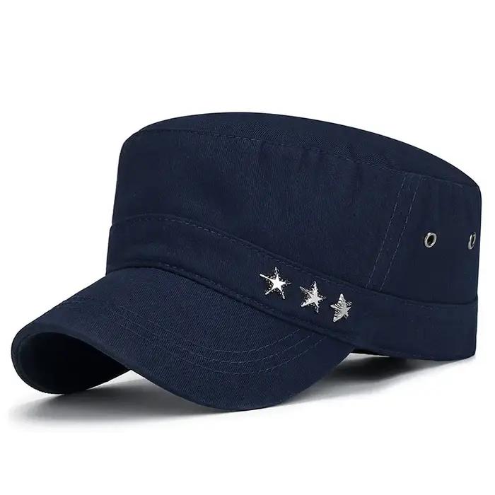 Casquettes militaires plates pour cadres militaires, pour femmes et hommes, chapeau militaire de haute qualité, chapeau de soleil noir uni, décoration étoile à cinq branches, visière