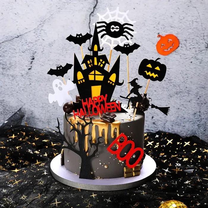 Drapeaux de gâteau en carton Halloween Citrouille Château Fantôme Sorcière Vampire Décoration Fête Anniversaire Mariage Enfant Bricolage Occasions Spéciales