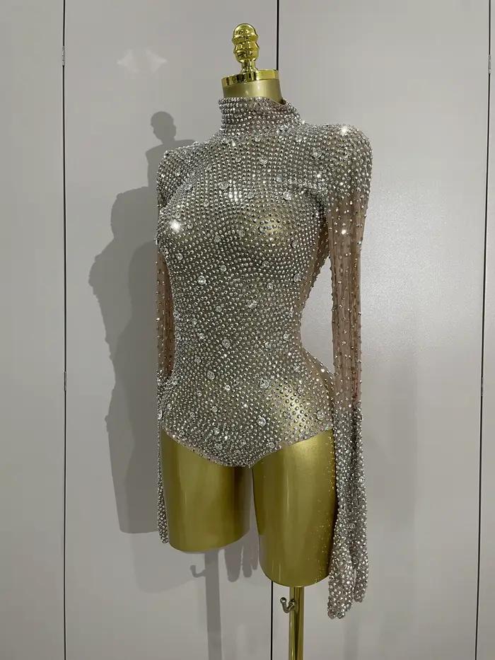 Gants à manches longues avec strass scintillants, body extensible pour femmes, soirée de luxe, fête