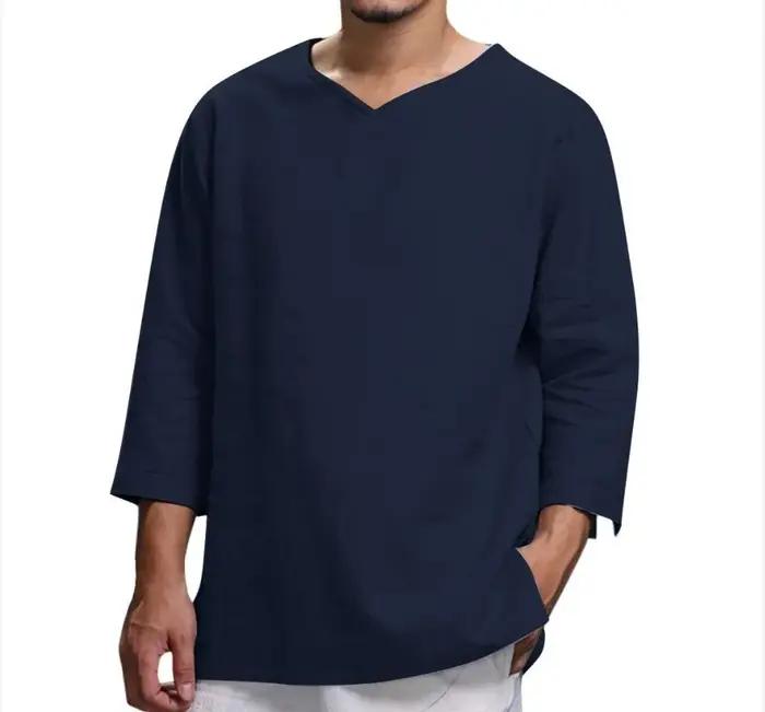 Chemise pull ample à manches 3/4 pour hommes, couleur unie, décontractée, grande taille, nouvelle co