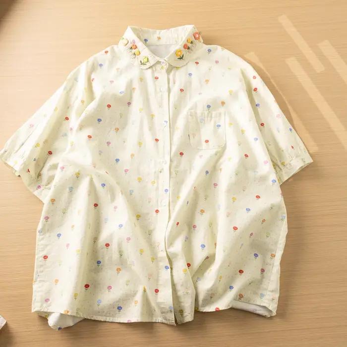 Mori kei vêtements style japonais doux broderie florale chemises et chemisiers imprimés femmes 100%