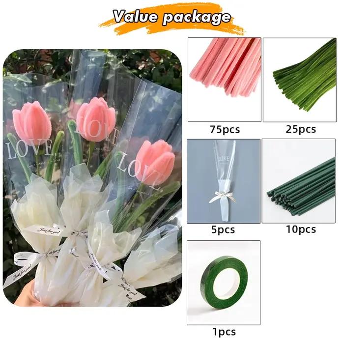 Kit d'artisanat de fleurs en tiges de chenille, 100 pièces de nettoyeurs de tuyaux pour l'artisanat,