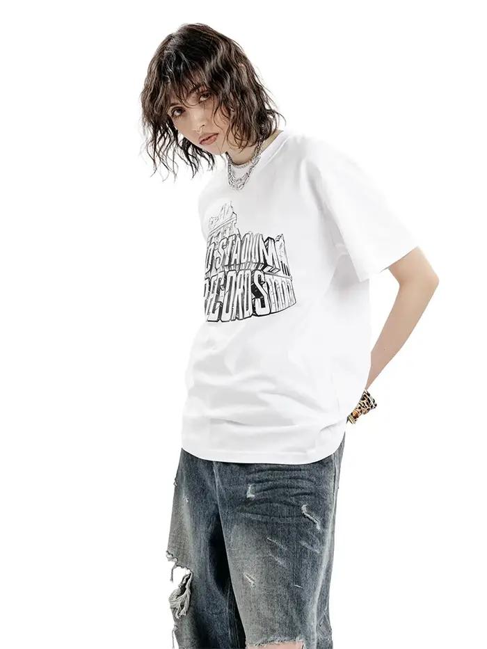 T-shirt pour homme NO STADIUM en coton, manches courtes, style oversize, imprimé vintage, streetwear Harajuku, mode coréenne