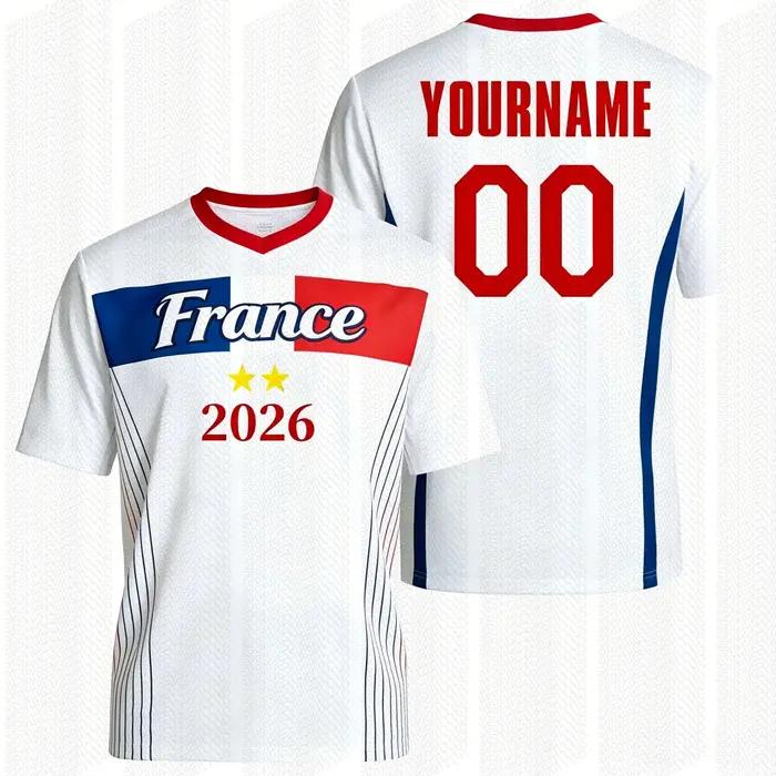 Maillot de football américain France 2026 - Nom et numéro personnalisés - Respirant et séchage rapide - Haut d'entraînement unisexe - Cadeau pour les fans
