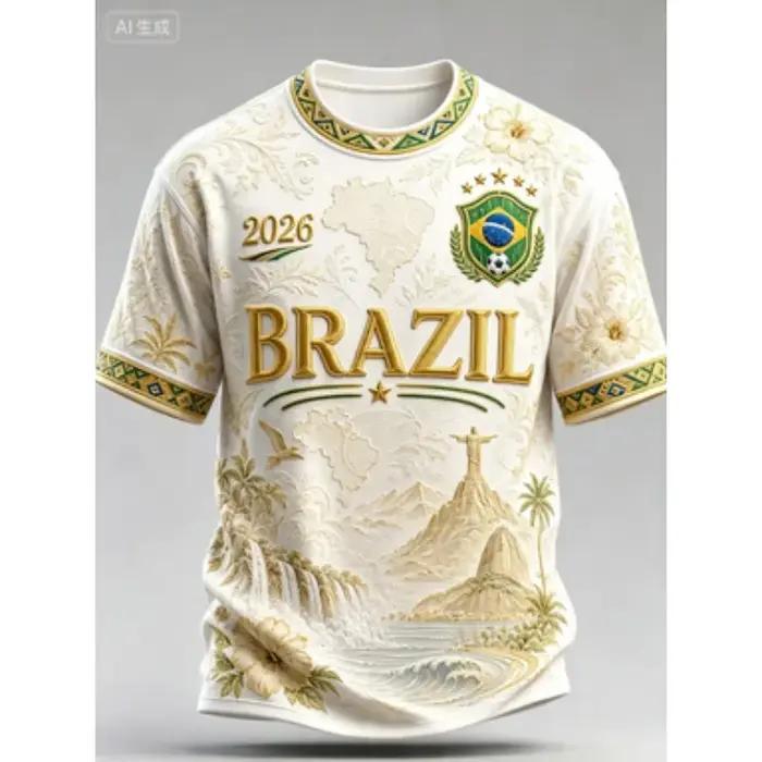 T-shirt graphique de l'équipe nationale de football du Brésil 2026, unisexe, imprimé en 3D, respirant, à séchage rapide, manches courtes