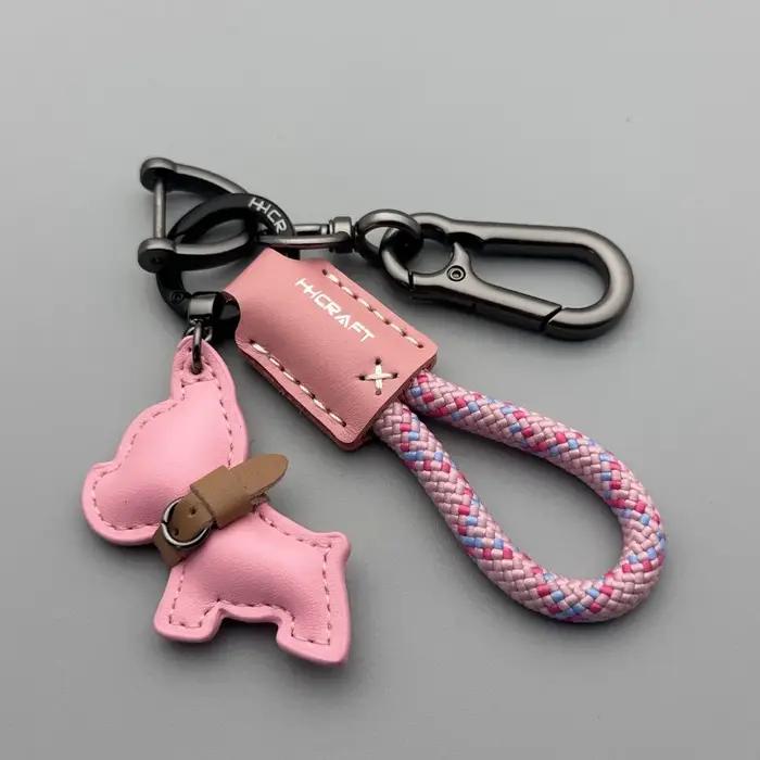 Porte-clés bouledogue français en cuir véritable fait à la main