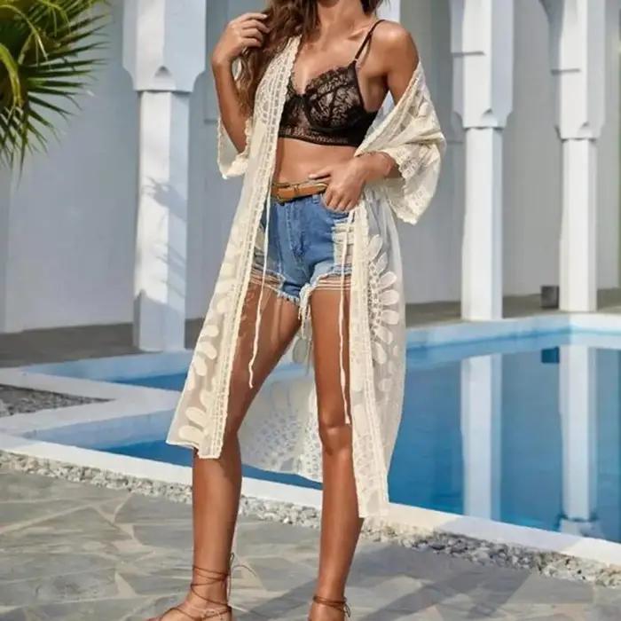 Poncho plage été dentelle mesh - Kimono ouvert femme maillot de bain - Blouse cardigan vacances sexy
