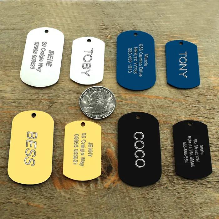 Plaque d'identification en acier inoxydable personnalisable pour chien avec nom, adresse et numéro de téléphone - disponible en noir, bleu, argent, or - taille petite et grande - accessoire de collier élégant pour promenade canine et compétitions - cadeau idéal pour animaux de compagnie