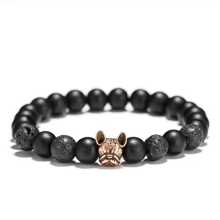 Noter-Bracelet Bouledogue Français pour Homme, Perles de Cuivre Vintage, Onyx Naturel, Pierre de Lav