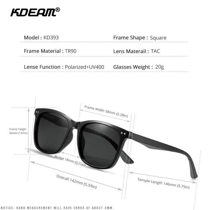 KDEAM hommes lunettes de soleil carrées lentille polarisée TR90 matériel cadre printemps charnières