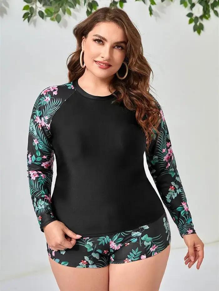 Grande taille maillots de bain femmes imprimé à manches longues maillot de bain deux pièces Sport su