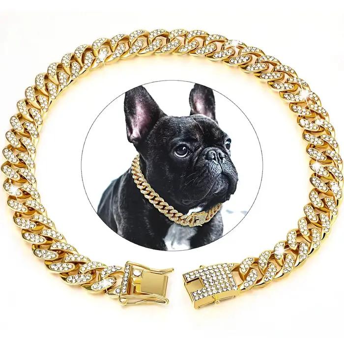 Collier chaîne pour chien en strass, métal or fort, lien cubain, collier de luxe en diamant pour chi