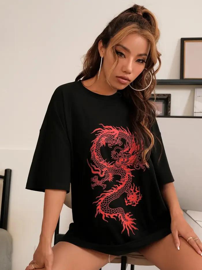 T-shirt manches courtes femme 100% coton, estival et surdimensionné, avec motif dragon rouge chinois