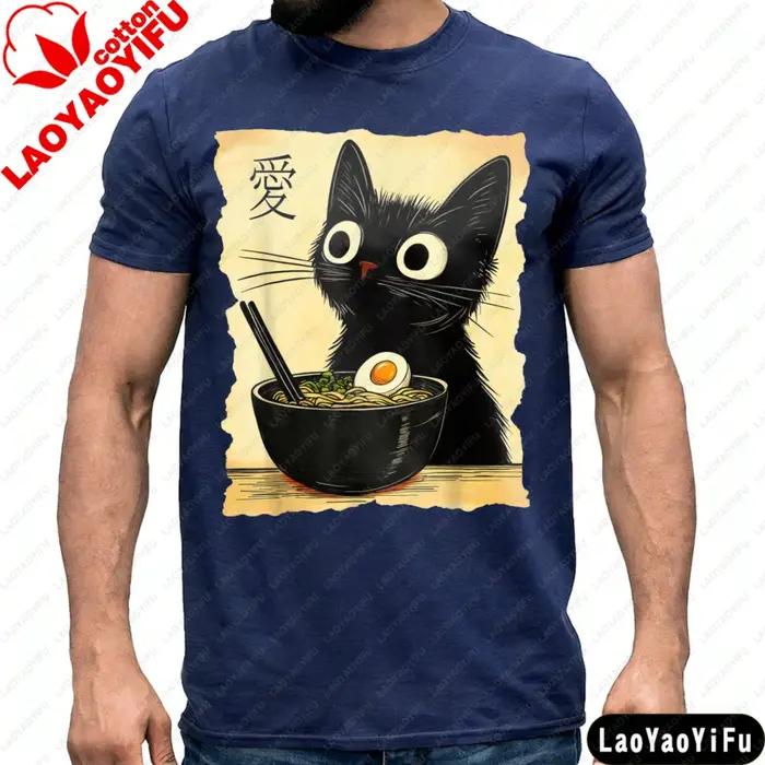T-shirt imprimé Black Cat Ramen Love Japanese Art, mode décontractée d'été, unisexe, pour les amoure