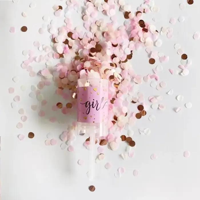 Canon à confettis révélation genre poussoir papier bleu rose fête baptême décoration fournitures anniversaire