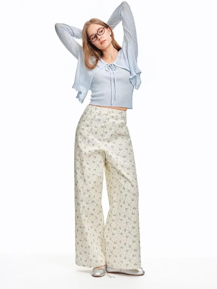 DUSHU 2026 – Pantalon droit en coton 100 % à imprimé floral frais pour femme – Pantalon décontracté