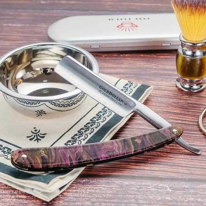 Rasoir à bord droit en acier à haute teneur en carbone, boîte en fer pour Dollar doré, pour Salon de
