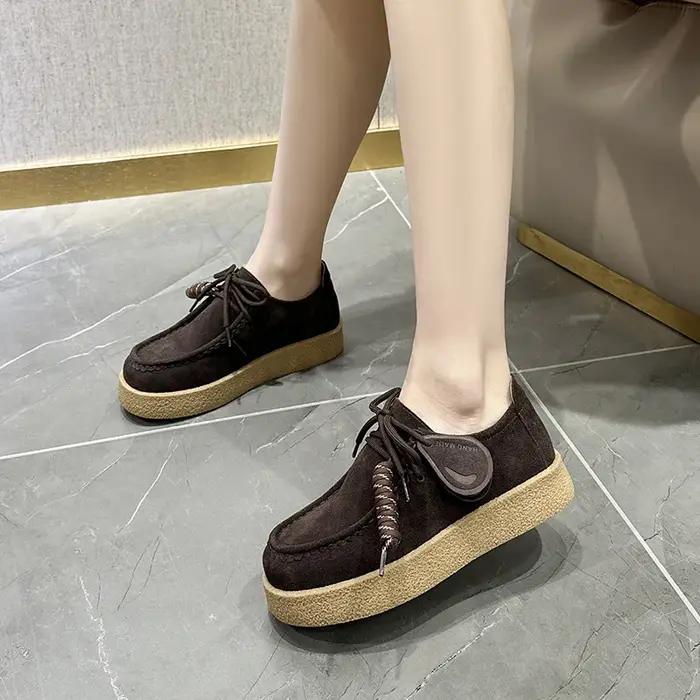 Mocassins pour femmes en daim et cuir véritable, plateforme, style britannique, à lacets, chaussures