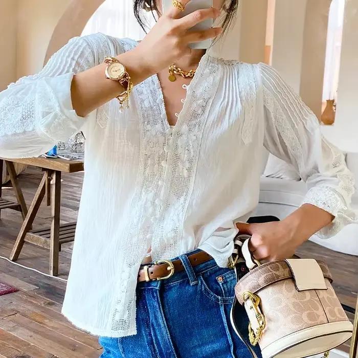 TEELYNN gitane Boho Foral brodé dentelle Blouse chemises pour femmes haut 2025 coton Vintage à manches longues printemps