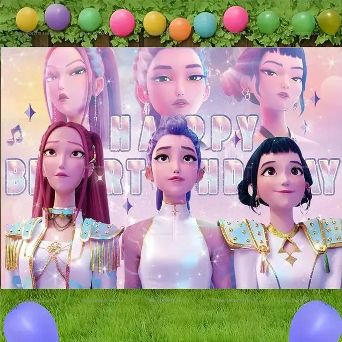Bannière de fête d'anniversaire KPop Demon Hunters, idéale pour les fêtes d'anniversaire des garçons