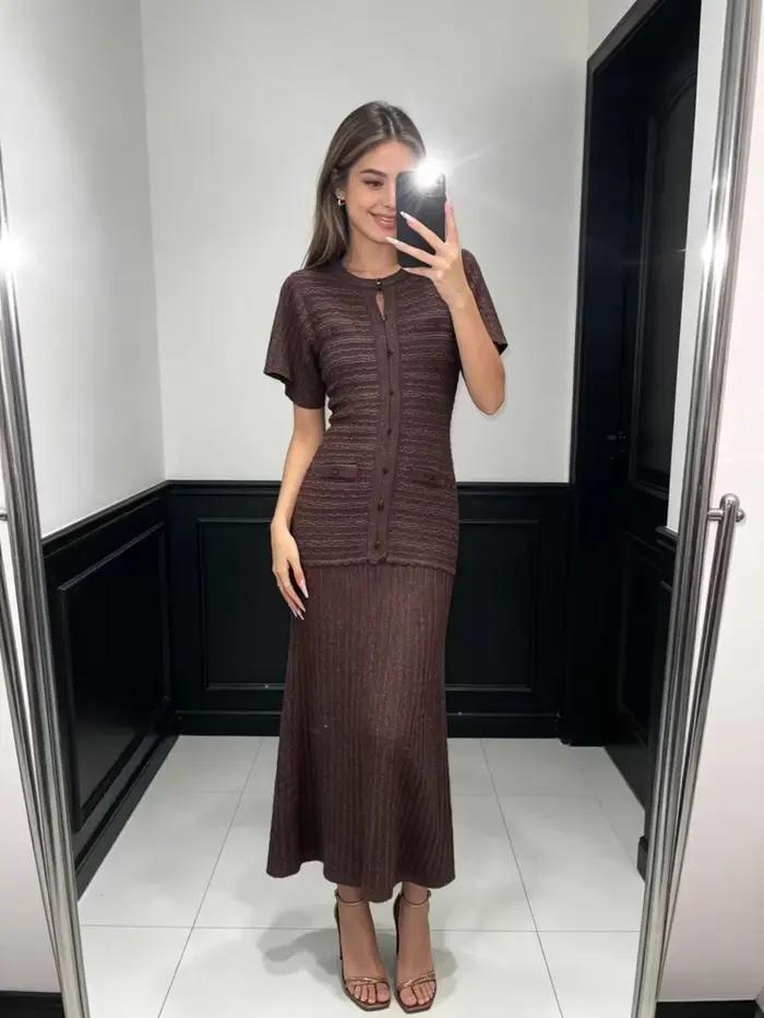 Robe longue slim en maille pour femme, à manches courtes, avec ourlet plissé, robe de soirée plissée