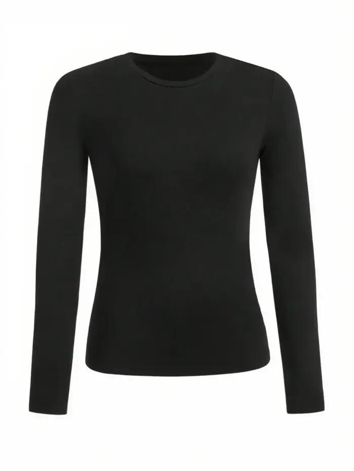 T-shirt femme manches longues couleur unie - Tissu tricoté polyester