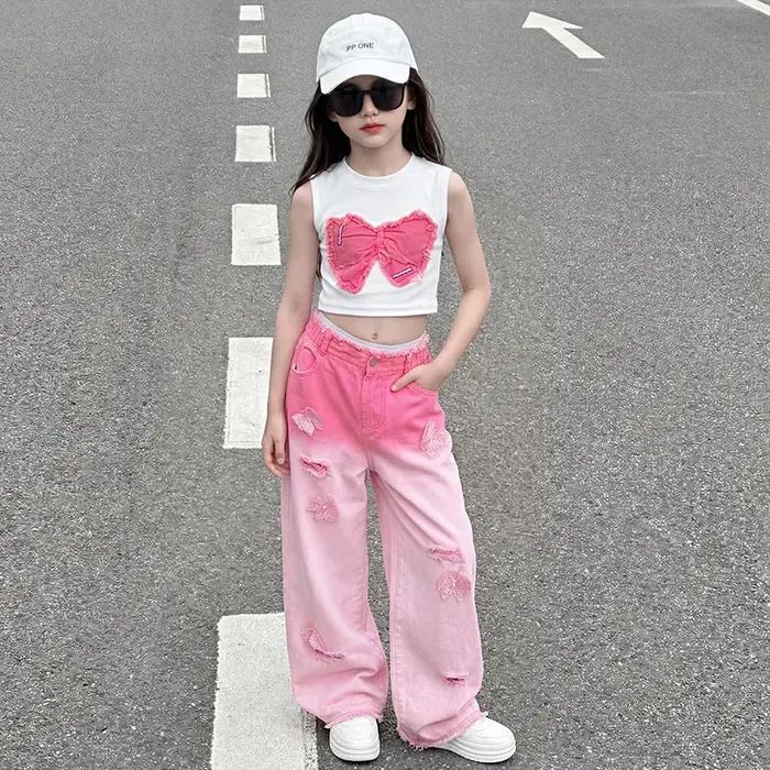 Ensembles de vêtements pour adolescentes : Offres exceptionnelles – Crop top à nœud + Jean large déchiré avec papillon – 2 pièces – Tenues tendance dégradées pour enfants