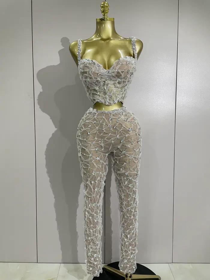 Ensemble deux pièces sexy en dentelle pour femmes, haut à licou + pantalon long, plissé, ajusté, pour soirées, boîtes de nuit, performances artistiques