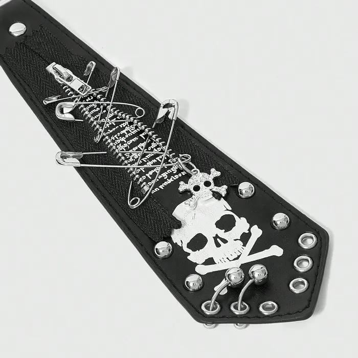 Cravate Y2K Punk pour Hommes et Femmes, avec Fermeture Éclair Cloutée, Imprimé Crâne et Lettres, Acc
