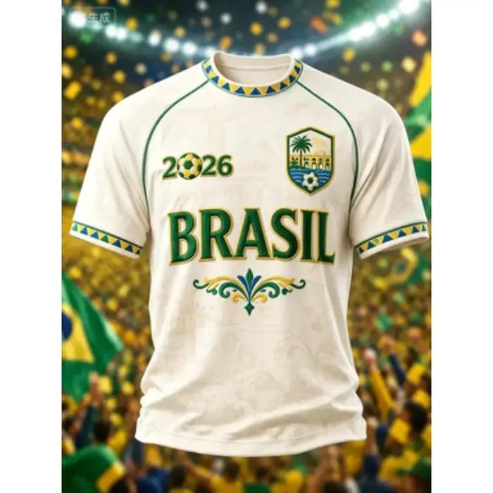 T-shirt graphique de l'équipe nationale de football du Brésil 2026, unisexe, imprimé en 3D, respirant, à séchage rapide, manches courtes