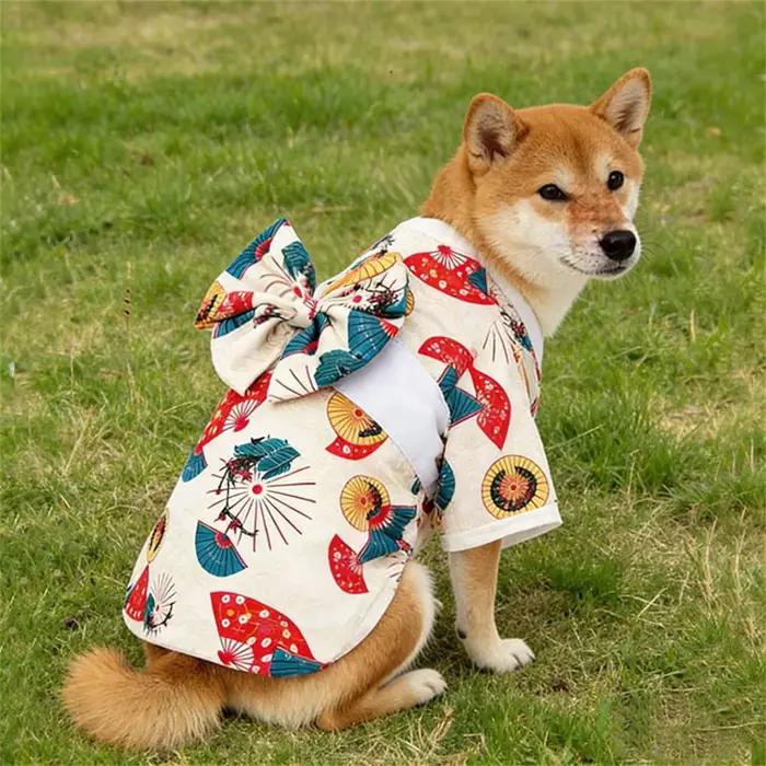 Kimono japonais pour animaux de compagnie avec imprimé éventail et nœud