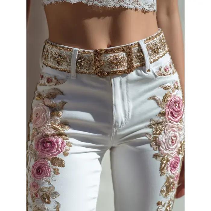 Jeans à imprimé floral de style européen américain pour femmes, pantalon en denim décontracté à jamb
