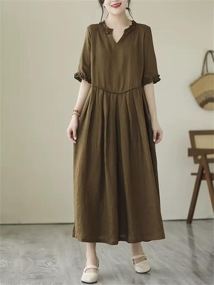 Robes en coton vintage de couleur unie pour femmes, nouvelle collection été 2026, robe longue décont