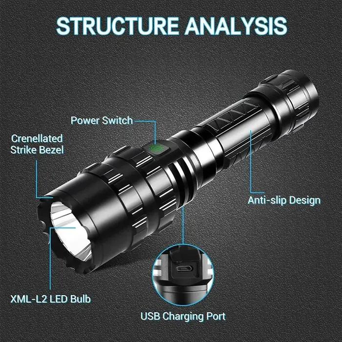 Lampe de poche tactique LED pour la chasse, Rechargeable par USB, étanche, pour tir professionnel, e