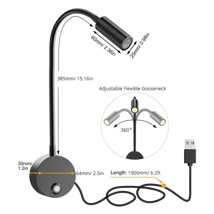 Lampe de Lecture Murale de oral et USB à Intensité Tactile 3CCT, Col de Cygne de 15 Pouces, 3W, 2 Pi