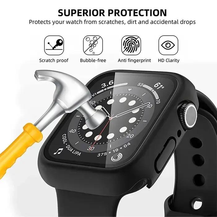 2 protections verre trempé + coque Apple Watch 44mm 40mm 42mm 41mm 45mm bumper PC écran série 9 8 7 6 5 3 SE